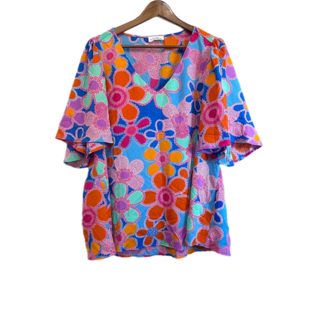 Emily Wonder Floral Blouse Women 2X Blue Orange V-Neck Flutter Sleeve Excellent‎